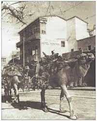 syria damascus السنجقدار قافلة الإبل تحمل الحطب تمر من أمام سوق الخجا ولوكاندا سنترال باتجاه الدرويشية coloration by bader damascus syria old photos syria
