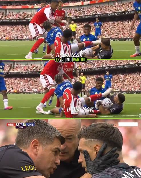 CÓMO NO FUE ROJA? El Arsenal vs Chelsea comenzó con una acción que  rápidamente encendió la polémica. Durante una jugada a balón parado,  Gabriel Magalhães terminó en el suelo dentro del área