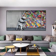 Street Art painting Boy Behind Graffiti art Child Mural Living room home  decoration wall art pictures Canvas painting 60x120cm Frameless : ...