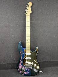 warmoth stratocaster blue electric guitar w gold pickguard custom painted artwork fender bridge