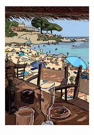 Terraza Del Tragamar Apunte De La Terraza Del Tragamar Con Vistas A La Playa En Calella De Palafruge Arte De Ilustracion Impresiones Digitales Mundo Caricatura