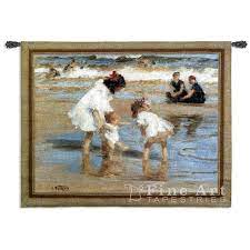 Children Playing At The Seashore Tapestry Wall Hanging Beach Scene H42 X W53