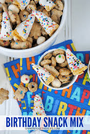 Put bugels and nuts in grocery bag. Birthday Snack Mix