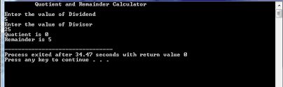 Click on reset to clear the field and enter the new values. Write A Program That Inputs Dividend And Divisor It Then Calculate And Display The Quotient And Remainder Programming Skills C Programs