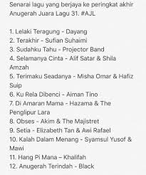 Anugerah juara lagu 35 akan berlangsung pada jam 9 malam ini dalam norma baharu selepas ditunda lebih sebulan demi. ð'¹ð'‚ð'›ð'›ð'Šð'†ð'‡ ð'®ð'‰ð'‚ð'›ð'‚ð'ð'Š Twitterren Senarai Lagu Yang Layak Ke Anugerah Juara Lagu 31 Ajl Sfmm31 Tv3malaysia