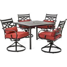 The faux wood slat top matches a variety of. Hanover Montclair 5 Piece Metal Outdoor Dining Set With Chili Red Cushions Swivel Rockers And Table Mclrdn5pcsqsw4 Chl The Home Depot In 2021 Patio Dining Set Square Dining Table Designs Outdoor Dining Set