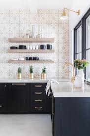 Patterned Backsplash Natural Wood Open Shelves Black Lower Cabinets Brass Hardware Kitchen Design Home Decor Kitchen Interior Design Kitchen
