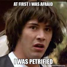 But then i spent so many nights thinking how you did me wrong, and i grew strong, and i learned how to get along. At First I Was Afraid I Was Petrified Conspiracy Keanu Make A Meme