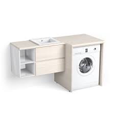 Meuble lave linge comment bien le choisir blog but. Meuble Pour Lave Linge Blanc Et Frene Clair Avec Tiroirs Cases Et Vasque Ceramique M5 0