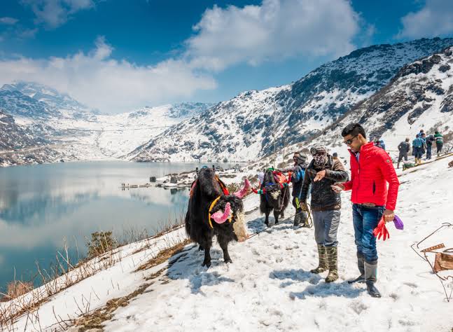 Snow-clad shores of Tsomgo Lake, AI generated