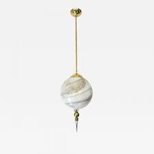 Contemporary Italian Brass And Cream White Alabaster Glass Round Pendant Light