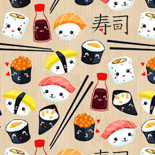 Colorful Fabrics Digitally Printed By Spoonflower Mini Kawaii Sushi In 2021 Sushi Art Sushi Blue Sushi Cartoon