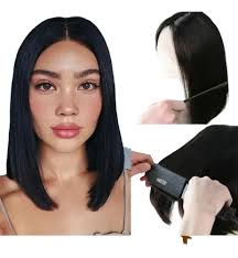 Front Lace 13x1 Hd Parte U Cabelo Humano Lisa Bob 35cm Preta M #1b