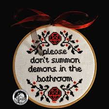 Aujourd'hui nous voulons vous offrir un patron gratuit pour halloween pour tricoter des oreilles de chat au crochet. Please Don T Summon Demons In The Bathroom Cross Stitch Etsy