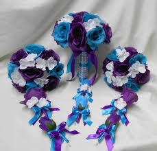 Keep weddings simple with silk wedding flowers. Wedding Silk Flower Bridal Bouquets Package Purple Turquoise Etsy