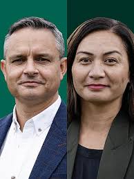 File:James Shaw and Marama Davidson 2023 (green background).jpg