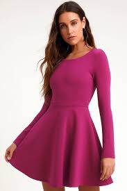 Forever Chic Magenta Long Sleeve Dress Mod And Retro Clothing Bell Sleeve Mini Dresses Red Skater Dress Long Sleeve Casual Dress