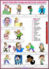 English vocabulary resources elementary and intermediate level: Health Problems Esl Vocabulary Matching Exercise Worksheet