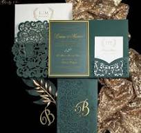Eternal Love Emerald Green Laser Cut Tri-fold Pocket and Acrylic Wedding  Invitations with Golden Name Tag CAPL049T