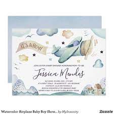 Watercolor Airplane Baby Boy Shower Invitation Zazzle Com Airplane Baby Shower Invitations Boy Shower Invitations Boy Shower