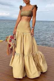 Casual Pleated Splicing Pure Colour High Waist Skirt Fashion Yellow Maxi Dress Fashion Outfits