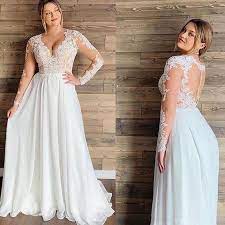 Plus Size Beach Wedding Dresses With Long Sleeves Modern V Neck Lace Applique Chiffon Boho We Boho Wedding Gowns Plus Wedding Dresses Wedding Dresses Plus Size
