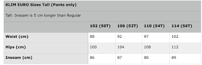 Klim Euro Size Chart Bartang