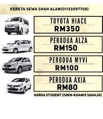 Terdapat empat kategori yang boleh dipilih: Kereta Sewa Shahalam On Twitter Kereta Sewa Shah Alam By Advamce Mind Sewa Harian Mingguan Bulanan Tahunan Sewa Harian Hiace Rm350 Alza Rm180 Myvi Rm120 Axia Rm100 Call Wasap Sms Https T Co Ygukxwmdin Https T Co Ygukxwmdin