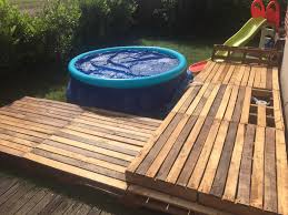 Before placing the pallets on the field, the surface must be prepared, in particular, with the spirit level. I Made This Deck To Make A Cool Ans Relax Environment Around The Swimming Pool Garden Palletdeck Pallet Pallet Pool Pallet Decking Pallet Patio Decks