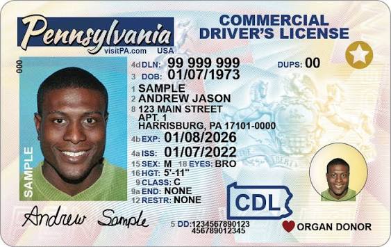 Standard US driver's license card displaying the REAL ID star symbol resting on a wooden desk. REAL ID Images | Driver and Vehicle Services | Commonwealth of Pennsylvania, how to get a driver's license in the US