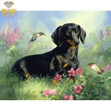 Female Black And Brown Dachshund 5d Diy Diamond Painting Black And Tan Dachshund Dog And Hummingbirds Craft Kit Cross Paintings Dog Paintings Dachshund Art