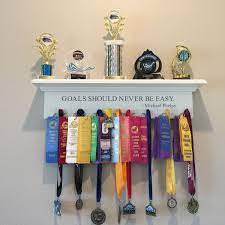 Medal Holder Champions Engraved Trophy Shelf Ribbon Holder Etsy Award Display Trophy Shelf Medal Hanger
