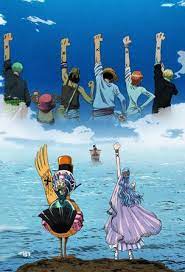 The Straw Hat Pirates Raise Their Fists As A Sighn Of Friendship Duck Carue Blue Haired Girl Princess Vi One Piece Manga One Piece Anime One Piece Episodes