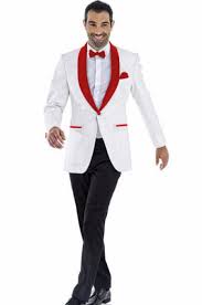 Package includes, red tuxedo with black lapel tuxedo set, tuxedo vest and bow tie, tuxedo shirt, and cufflinks and studs set. Sale Red And White Tuxedos For Weddings Is Stock