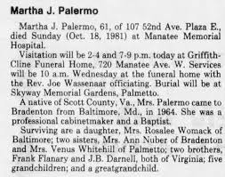 Martha Darnell Palermo Obituary (The Bradenton Herald) Bradenton, FL,  Tues., 20 Oct 1981