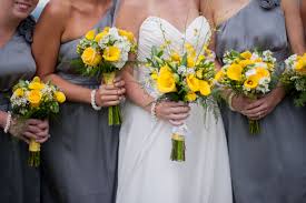 Yellow Flowers With Grey Bridesmaids Dresses Yellow Wedding Flowers Wedding Wedding Pinterest
