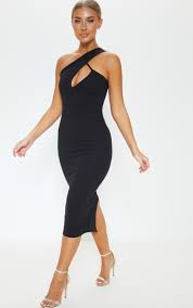 Black One Shoulder Asymmetric Neck Midi Dress Mid Length Dresses Midi Dress Neck Bodycon Dress
