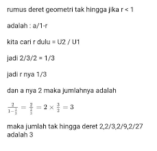 Pada penjumlahan deret geometri tak hingga, ada dua istilah yaitu : Jumlah Tak Hingga Dari Deret Geometri 2 2 3 2 9 2 27 Adalah Brainly Co Id