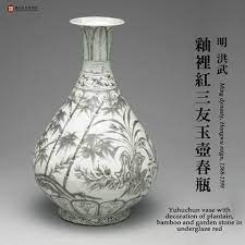 這種口沿外敞 直頸 圓腹上斂下豐 矮圈足的器形稱為 玉壺春瓶 全器以釉裡紅繪畫紋飾 口沿內鉤畫卷草紋一周 器外壁頸部畫蕉葉 回紋及轉枝花葉紋各一周 器腹部繪竹 石 芭蕉三友紋 間飾 靈芝及蘭草紋等 宛如一幅園林小景圖 本件釉裡紅發