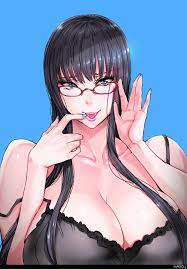 fei (maidoll), original, highres, 1girl, :p, adjusting eyewear, black hair,  blue background, blue eyes, bra, breasts, cleavage, collarbone, finger to  mouth, fingernails, glasses, huge breasts, large breasts, lingerie,  lipstick, long hair, looking