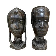 Vintage Ebony Wood Hand Carved African Bust Heads
