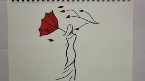 Girl With Umbrella On Windy Day Drawing Minimal Drawing Black White And Red Youtube Minimal Drawings Windy Day Drawings