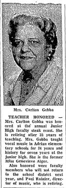June 1967 Adrian Junior High teacher Mrs. Gobba retires