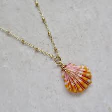 Hawaiian Sunrise Shell Necklace Gold Chain Small Orange Rare Seashell Hawaii Beach Fashion Handmade Maui Jewelry Wire Wrapped Gift Shell Necklaces Jewelry Seashell Jewelry