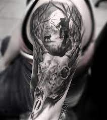 The execution of such tattoos has been mostly in monochrome with variations in shading of the same color. Hunting Sleeve With Deer Skull Best Tattoo Ideas Designs Bow Hunting Tattoos Hunting Tattoos Deer Skull Tattoos
