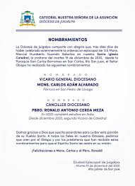 Nombran como vicario a monseñor Carlos Alvarado y canciller el padre Ronald  Cerda en Juigalpa