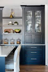 Chic Contemporary Kitchen Features A Glass Front Black China Cabinet Fixed Above Bla Kitchen Shelf Design Floating Shelves Kitchen Floating Shelves Living Room