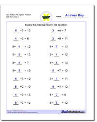The Pre Algebra Worksheets Provide Simple Number Sentences In The Form Of Equations With Mis Algebra Worksheets Pre Algebra Worksheets Basic Algebra Worksheets