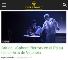 Pedro Valbuena nos ofrece su crítica del espectáculo "Cabaré Pierrot",  protagonizado por Sonia de Munck, presentado en el Palau de les Arts de  Valencia.  https://www.operaworld.es/critica-cabare-pierrot-les-arts-valencia/
