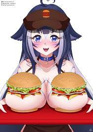 Rule34.dev - 1girls big_breasts blush body_markings boob_burger burger  captainarmada chussy employee_uniform fast_food food large_breasts  looking_at_viewer pov shylily solo virtual_youtuber